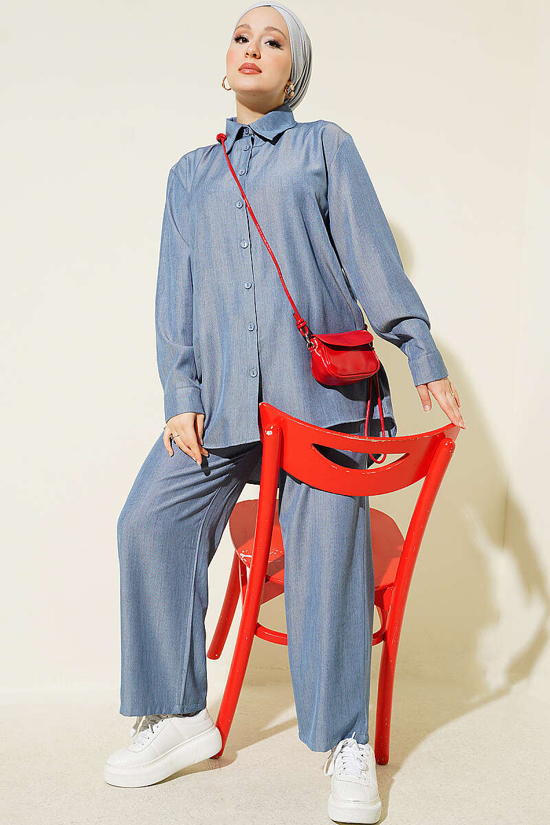 Basic Two-Piece Set with Buttoned Cuffs - Blue