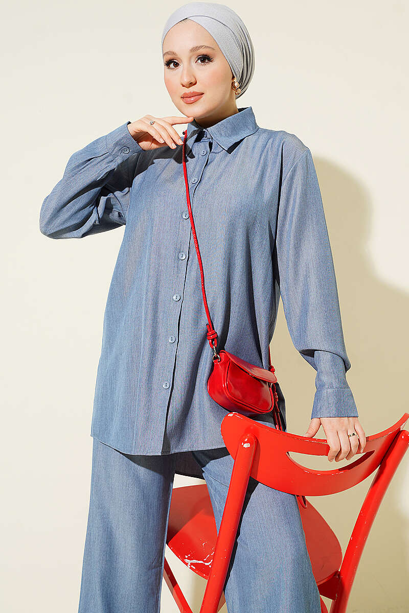 Basic Two-Piece Set with Buttoned Cuffs - Blue