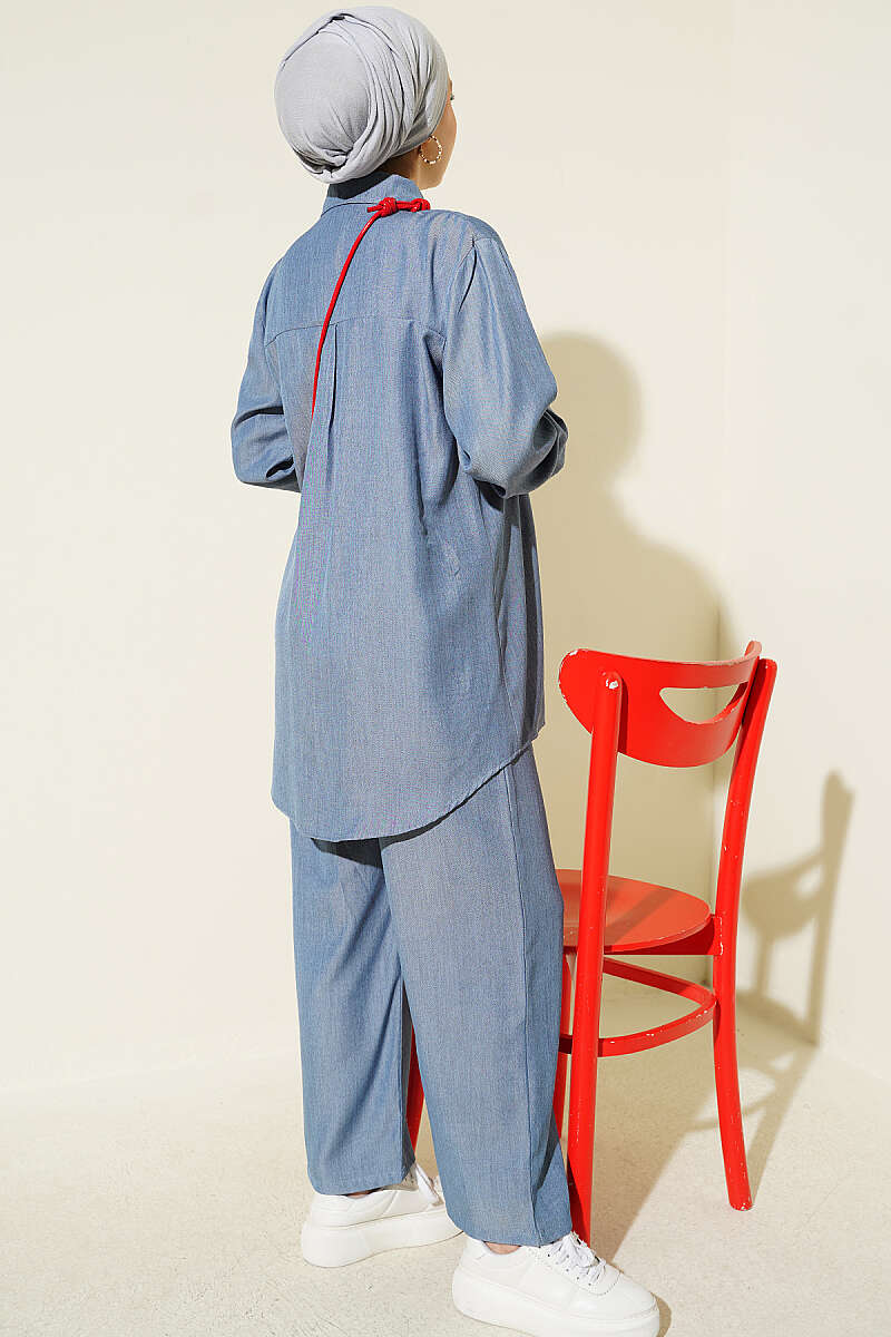 Basic Two-Piece Set with Buttoned Cuffs - Blue