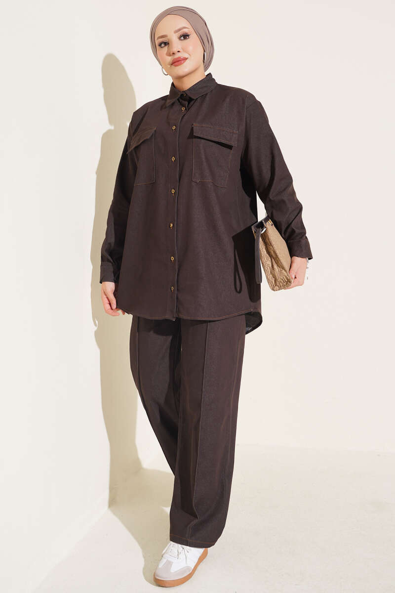 Denim Two-Piece Set with Twin Pockets and Buttoned Cuffs - Brown