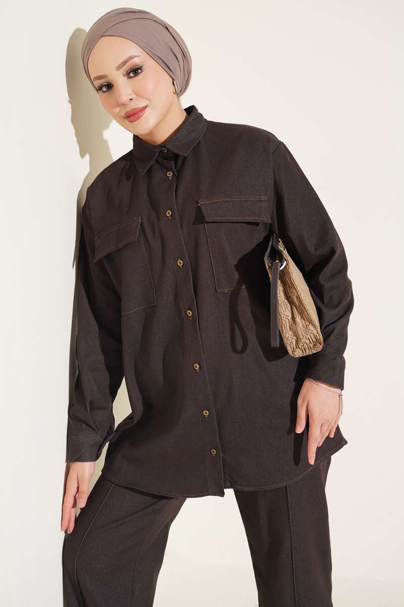 Denim Two-Piece Set with Twin Pockets and Buttoned Cuffs - Brown