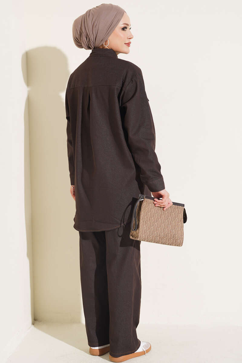 Denim Two-Piece Set with Twin Pockets and Buttoned Cuffs - Brown