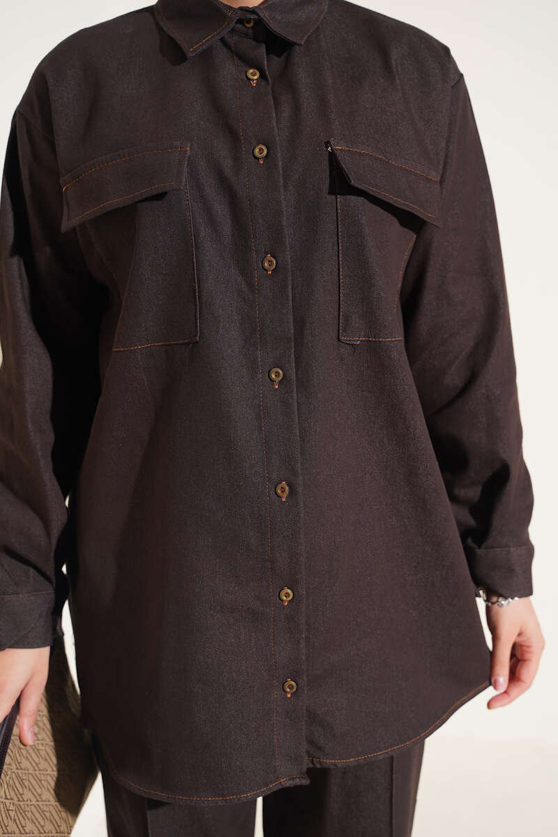 Denim Two-Piece Set with Twin Pockets and Buttoned Cuffs - Brown