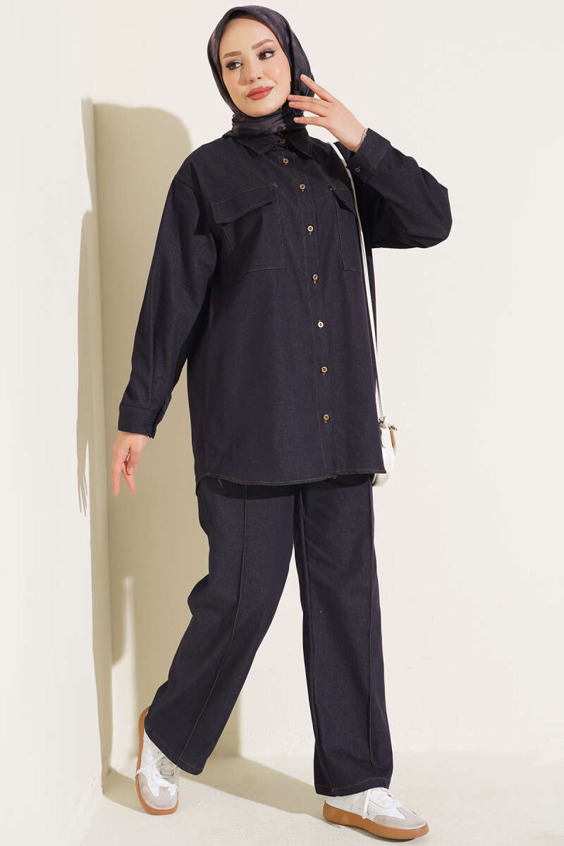 Denim Two-Piece Set with Twin Pockets and Buttoned Cuffs - Navy