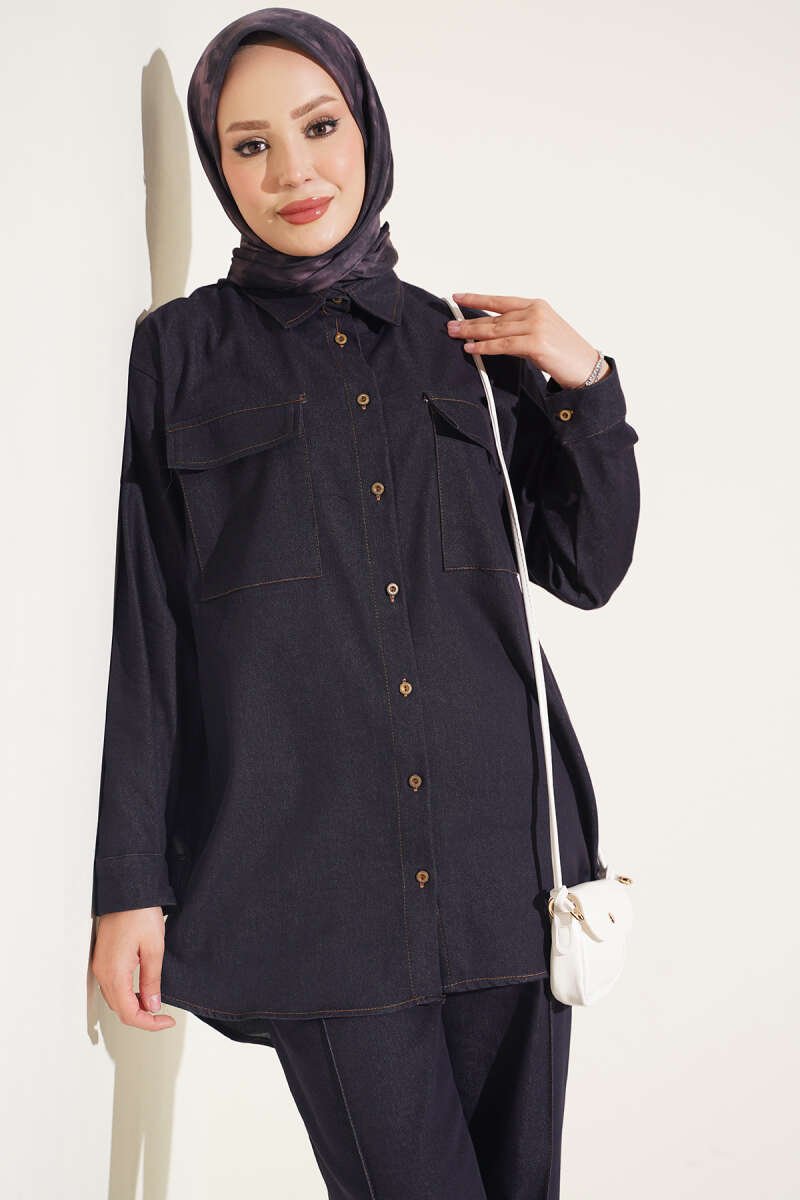 Denim Two-Piece Set with Twin Pockets and Buttoned Cuffs - Navy