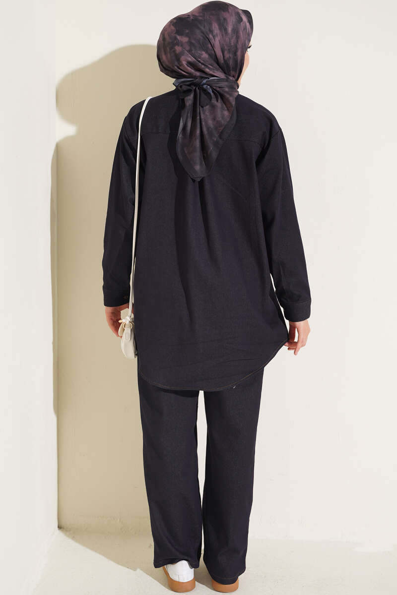 Denim Two-Piece Set with Twin Pockets and Buttoned Cuffs - Navy