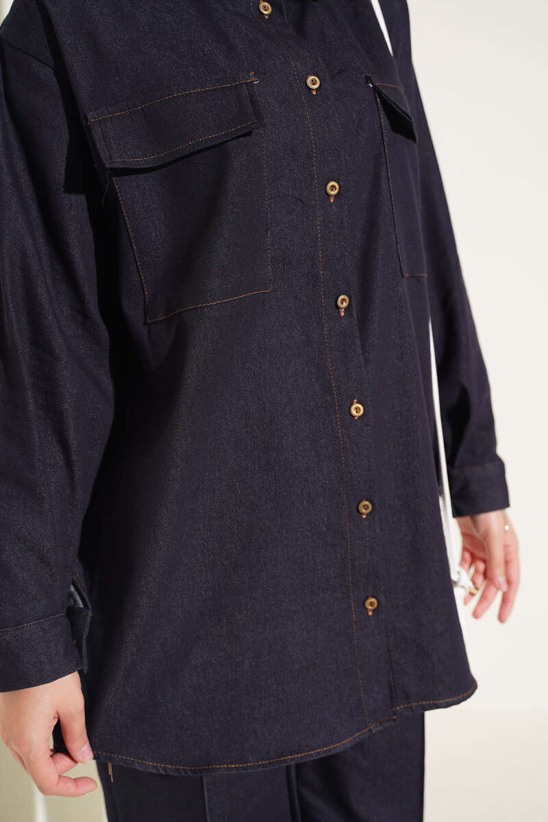 Denim Two-Piece Set with Twin Pockets and Buttoned Cuffs - Navy