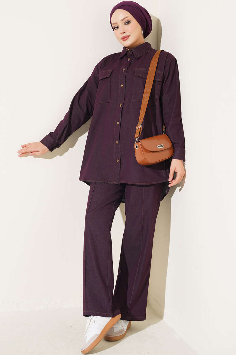Denim Two-Piece Set with Twin Pockets and Buttoned Cuffs - Plum