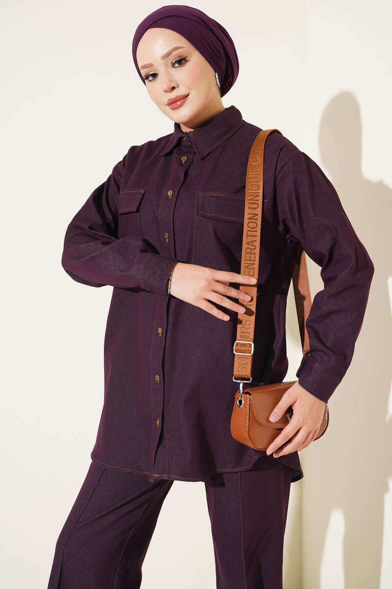 Denim Two-Piece Set with Twin Pockets and Buttoned Cuffs - Plum