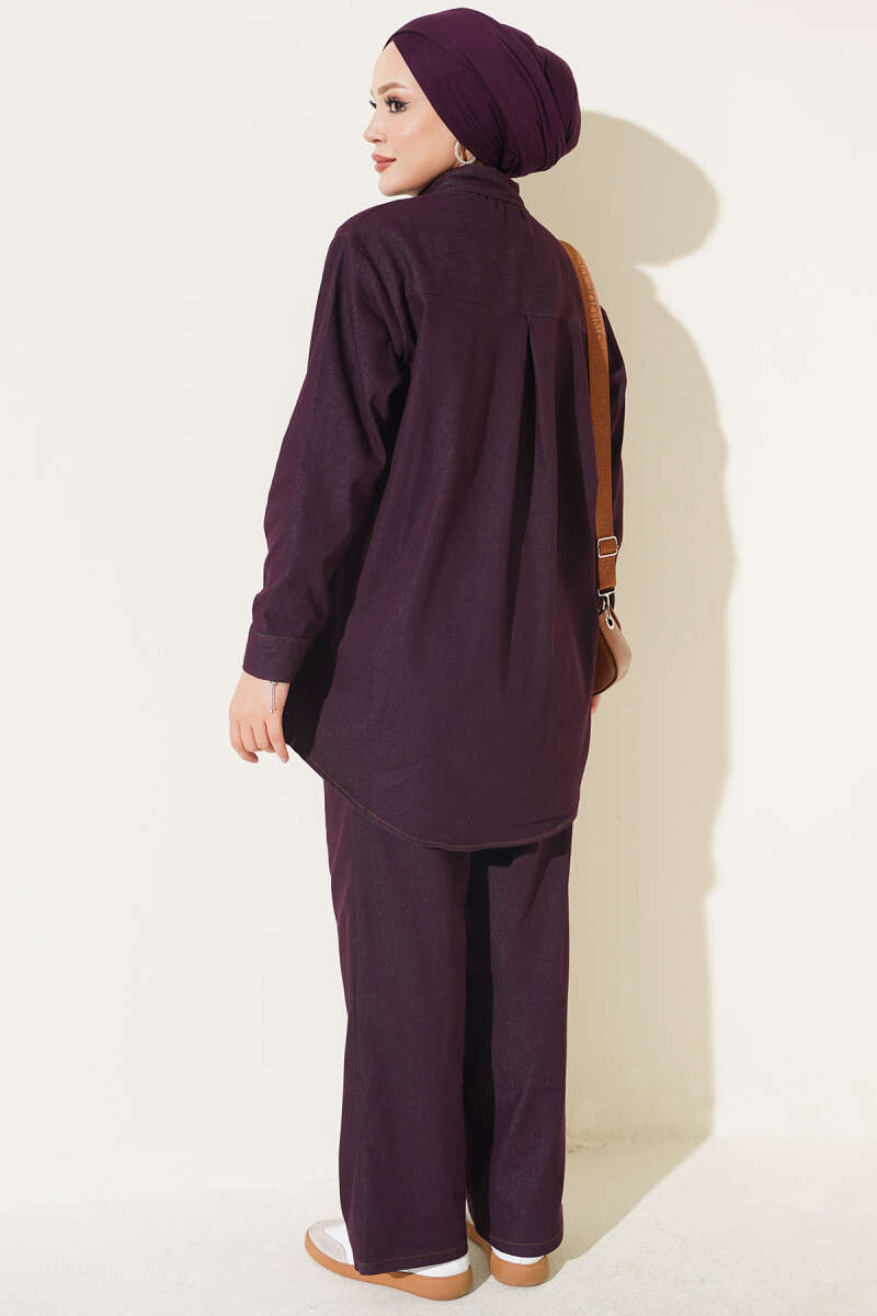 Denim Two-Piece Set with Twin Pockets and Buttoned Cuffs - Plum
