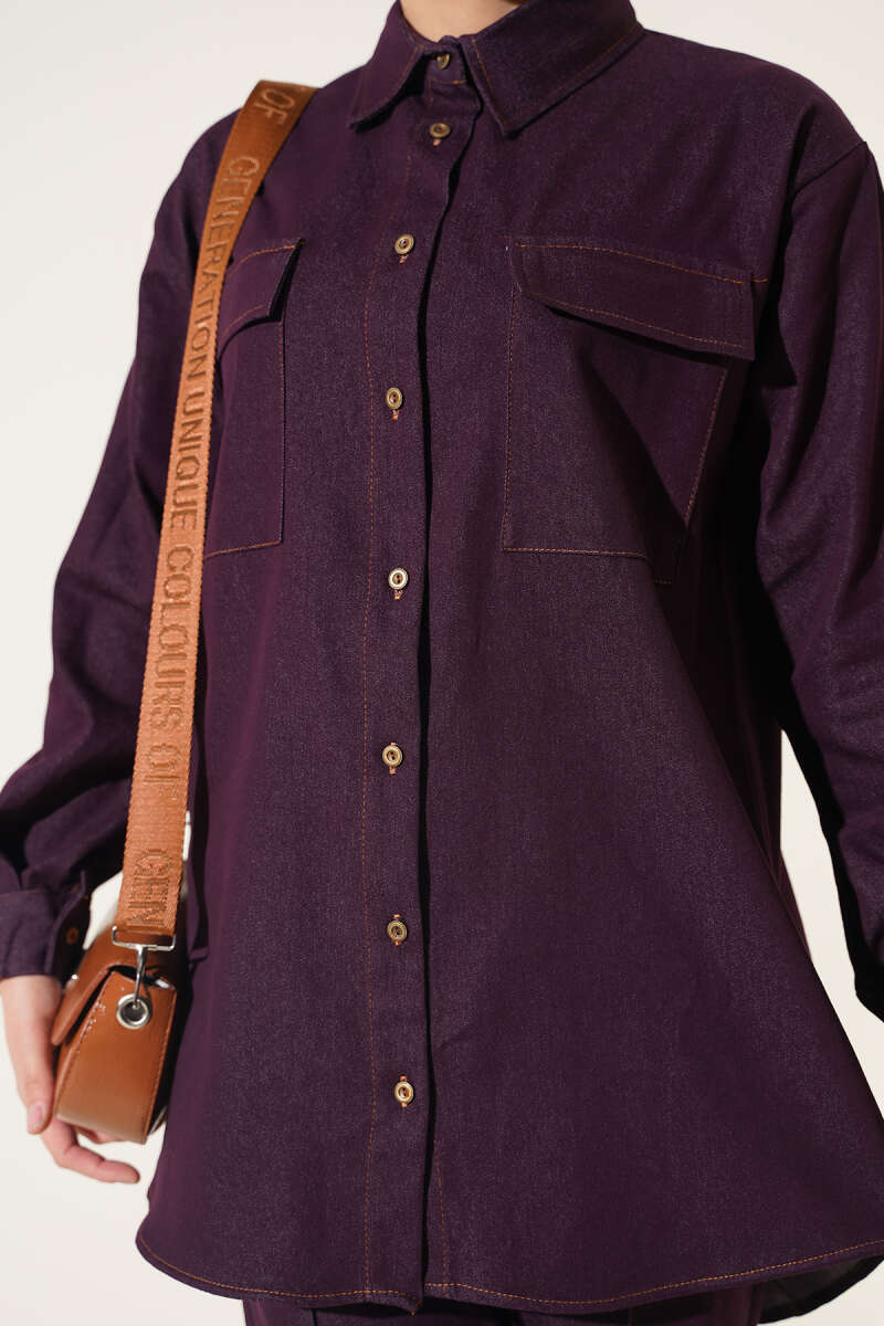 Denim Two-Piece Set with Twin Pockets and Buttoned Cuffs - Plum