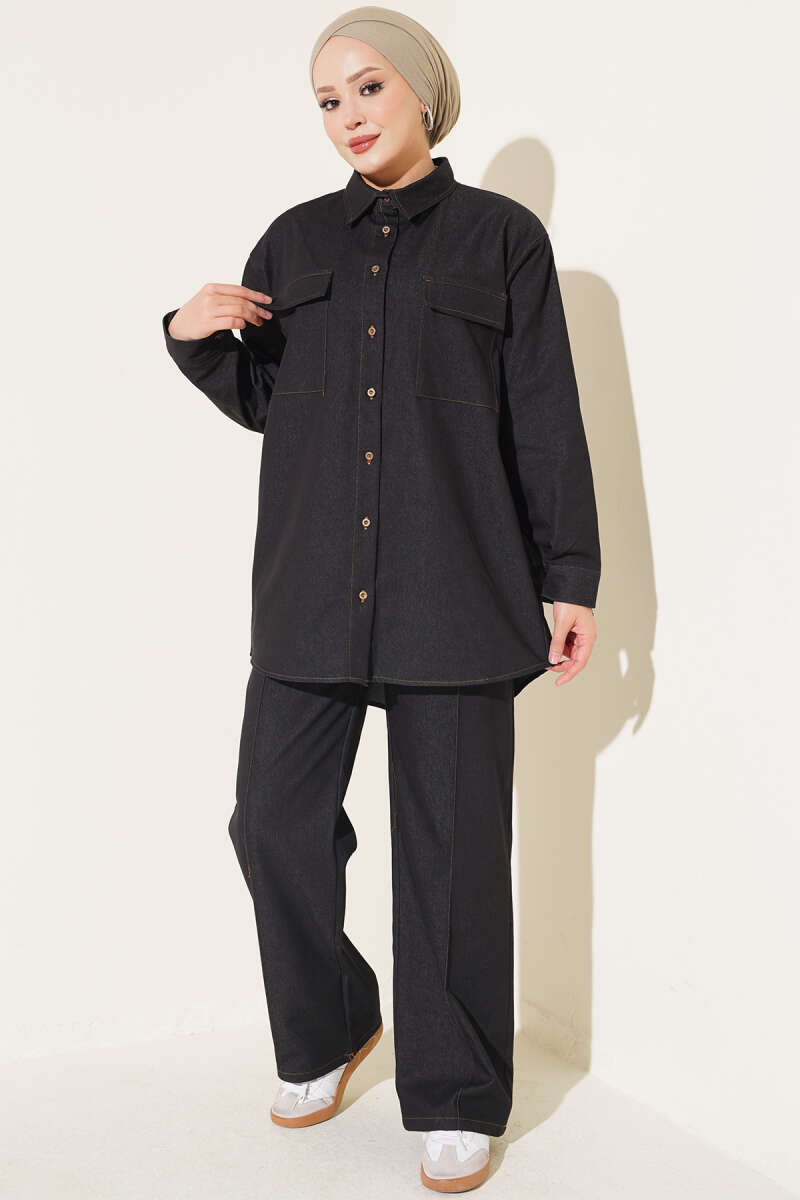 Denim Two-Piece Set with Twin Pockets and Buttoned Cuffs - Black