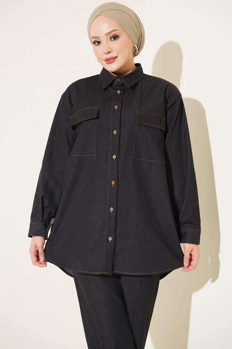 Denim Two-Piece Set with Twin Pockets and Buttoned Cuffs - Black