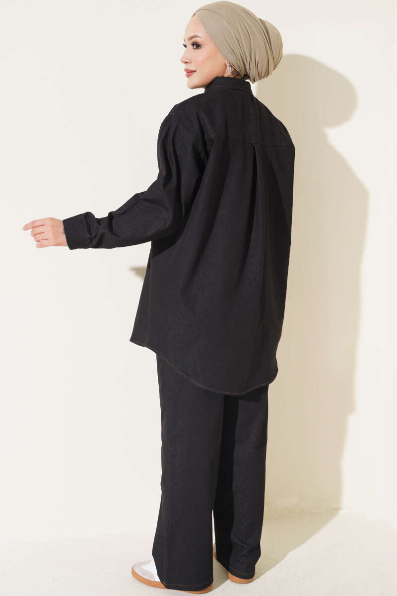 Denim Two-Piece Set with Twin Pockets and Buttoned Cuffs - Black
