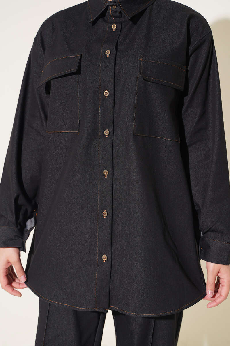 Denim Two-Piece Set with Twin Pockets and Buttoned Cuffs - Black