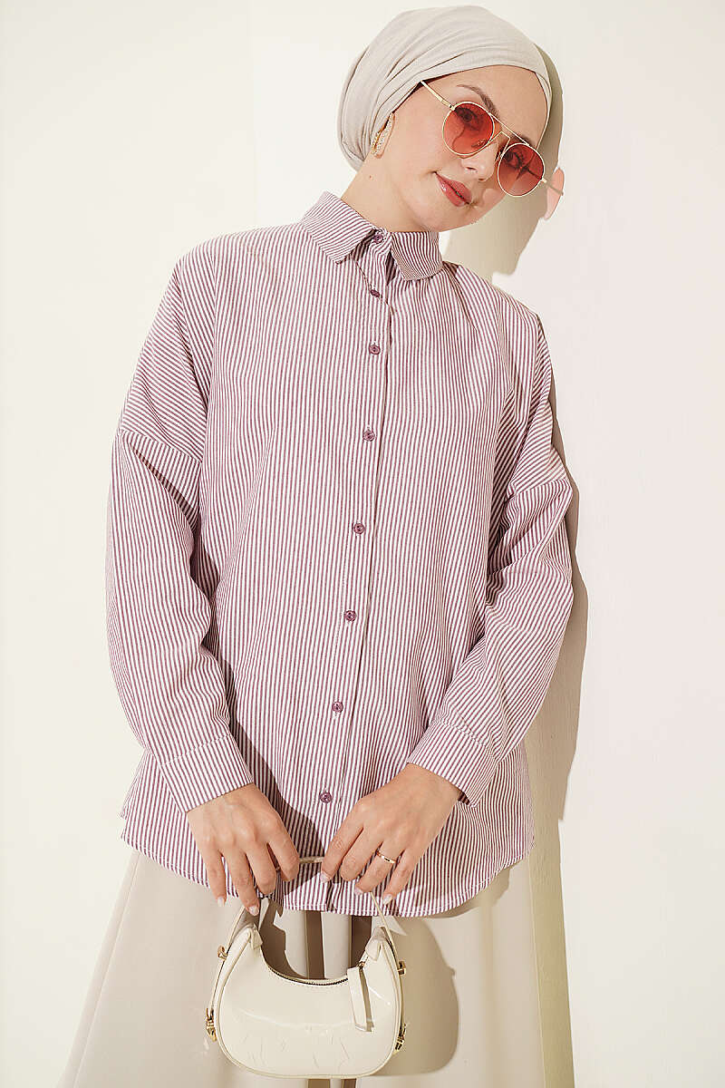 Striped Shirt with Buttoned Cuffs - Burgundy