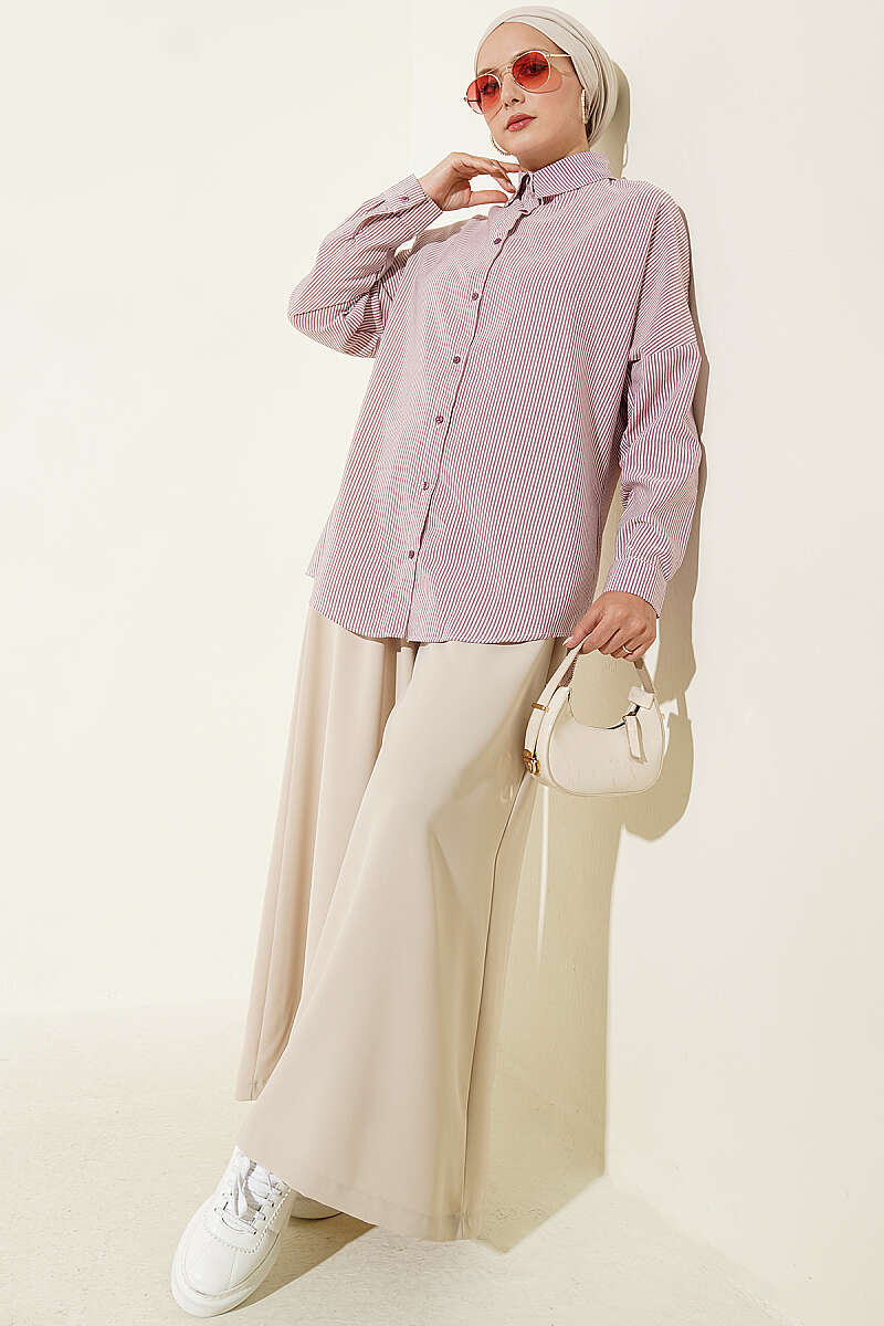 Striped Shirt with Buttoned Cuffs - Burgundy