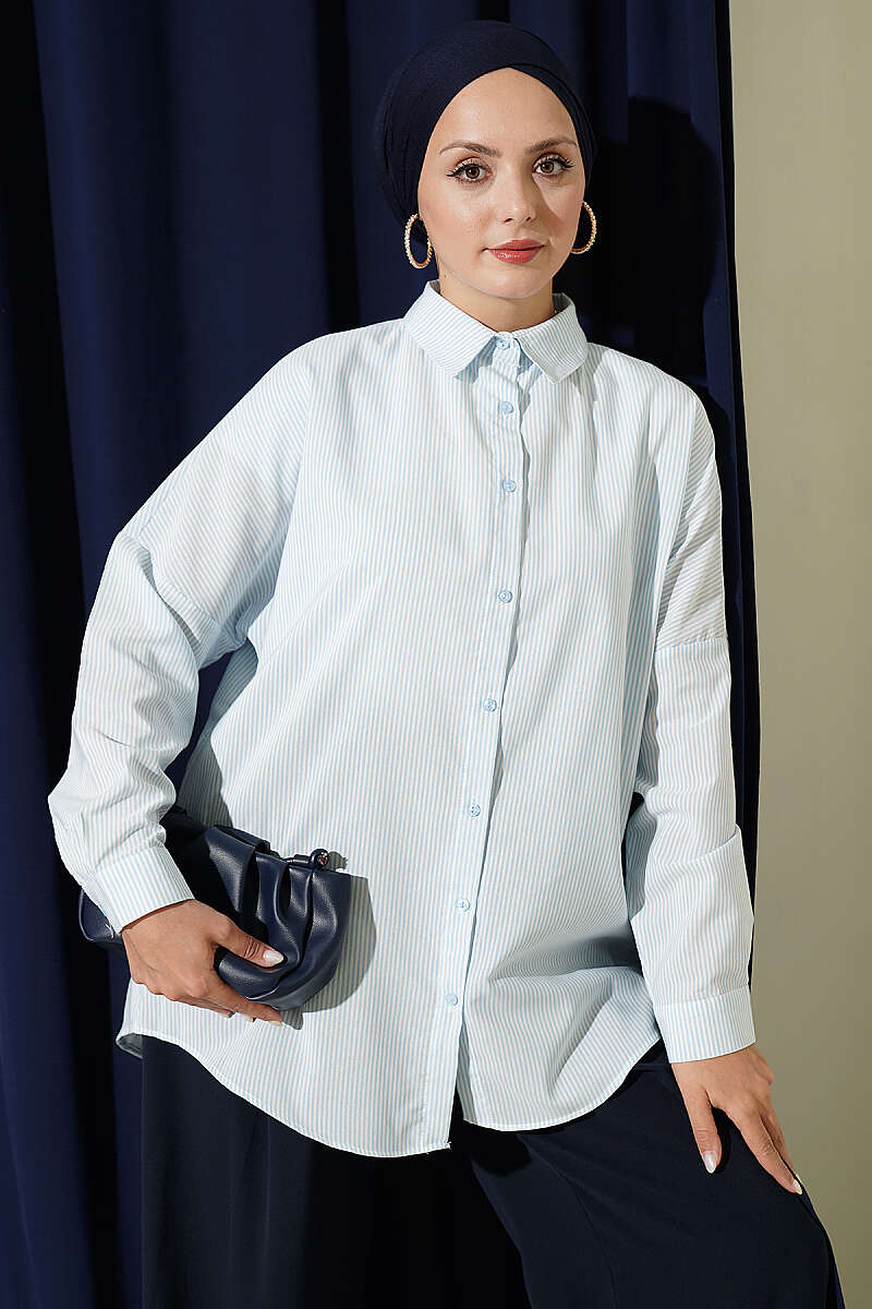 Striped Shirt with Buttoned Cuffs - Ice Blue