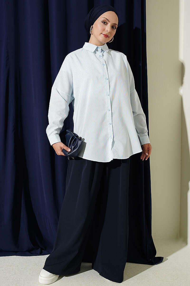Striped Shirt with Buttoned Cuffs - Ice Blue