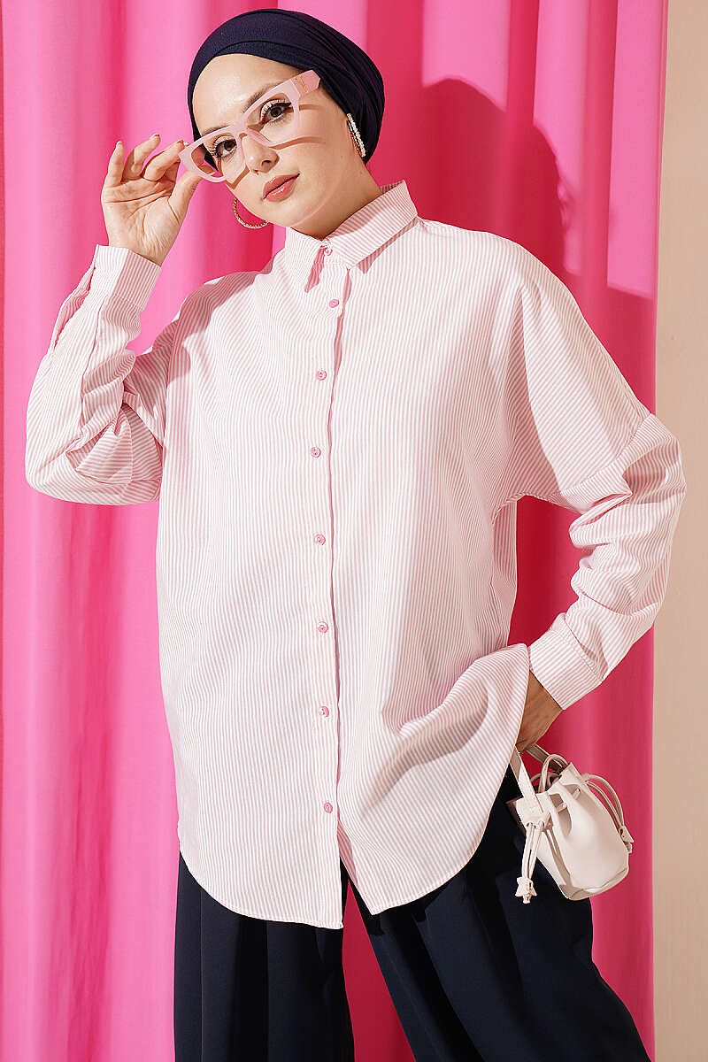 Striped Shirt with Buttoned Cuffs - Pink