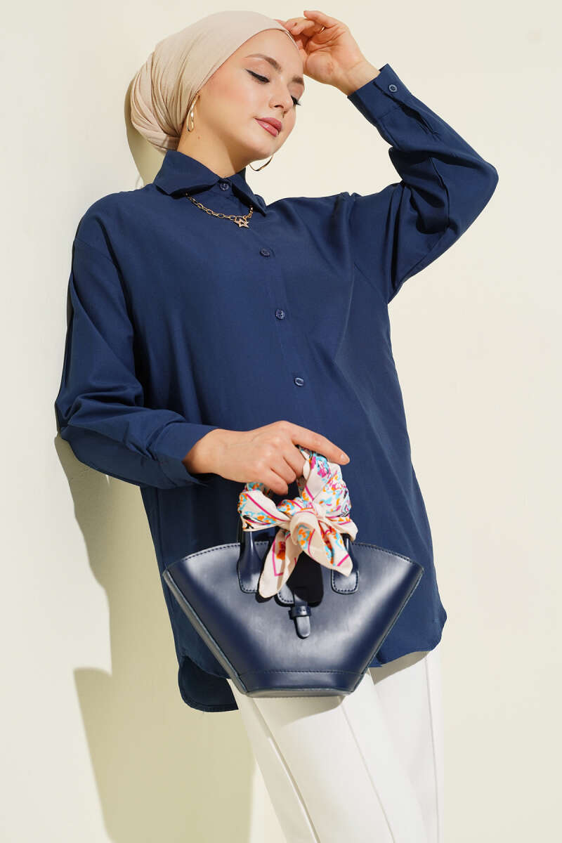 Plain Shirt with Button Cuffs - Navy
