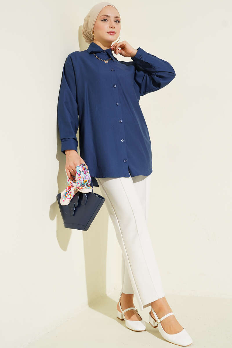Plain Shirt with Button Cuffs - Navy