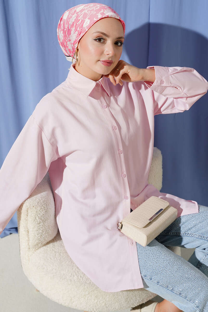 Plain Shirt with Button Cuffs - Pink