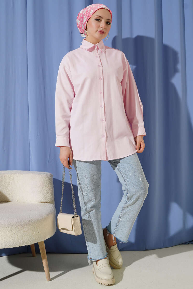Plain Shirt with Button Cuffs - Pink