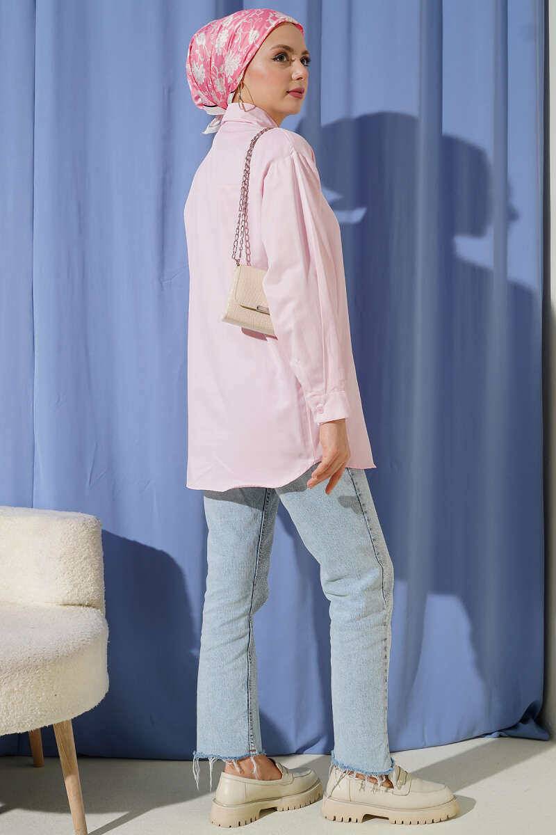 Plain Shirt with Button Cuffs - Pink