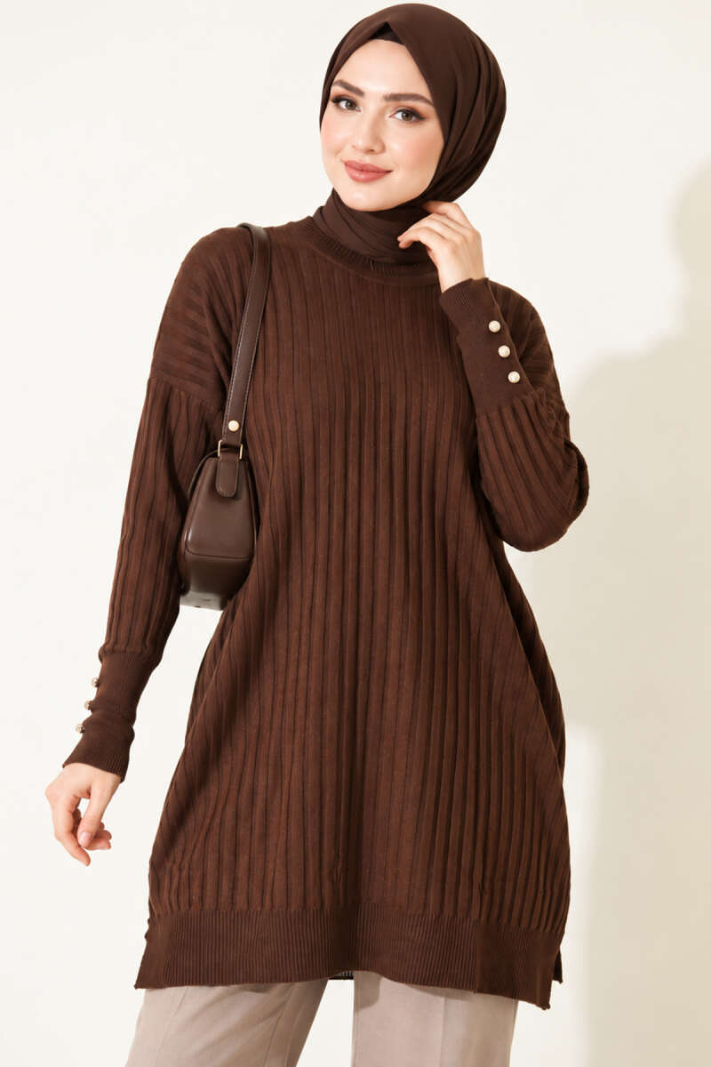 Ribbed Mercerised Tunic with Buttoned Cuffs - Dark Brown