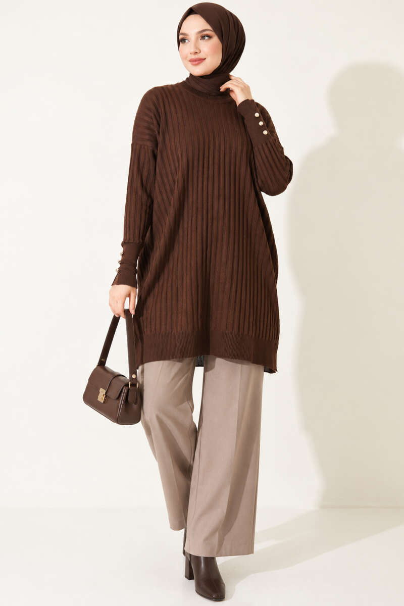 Ribbed Mercerised Tunic with Buttoned Cuffs - Dark Brown