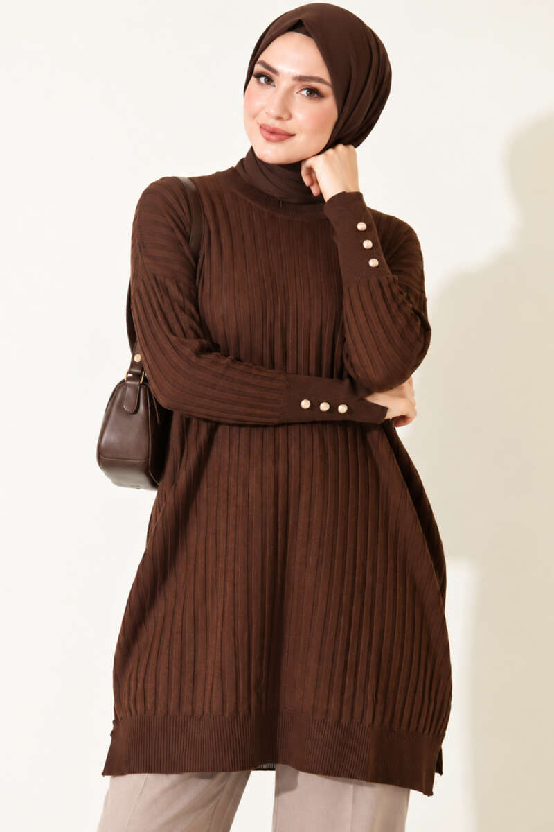 Ribbed Mercerised Tunic with Buttoned Cuffs - Dark Brown