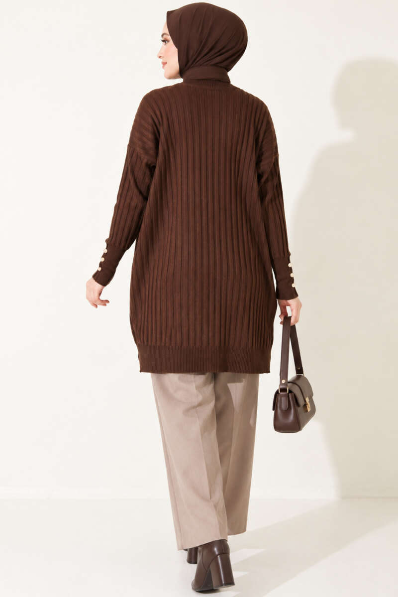 Ribbed Mercerised Tunic with Buttoned Cuffs - Dark Brown