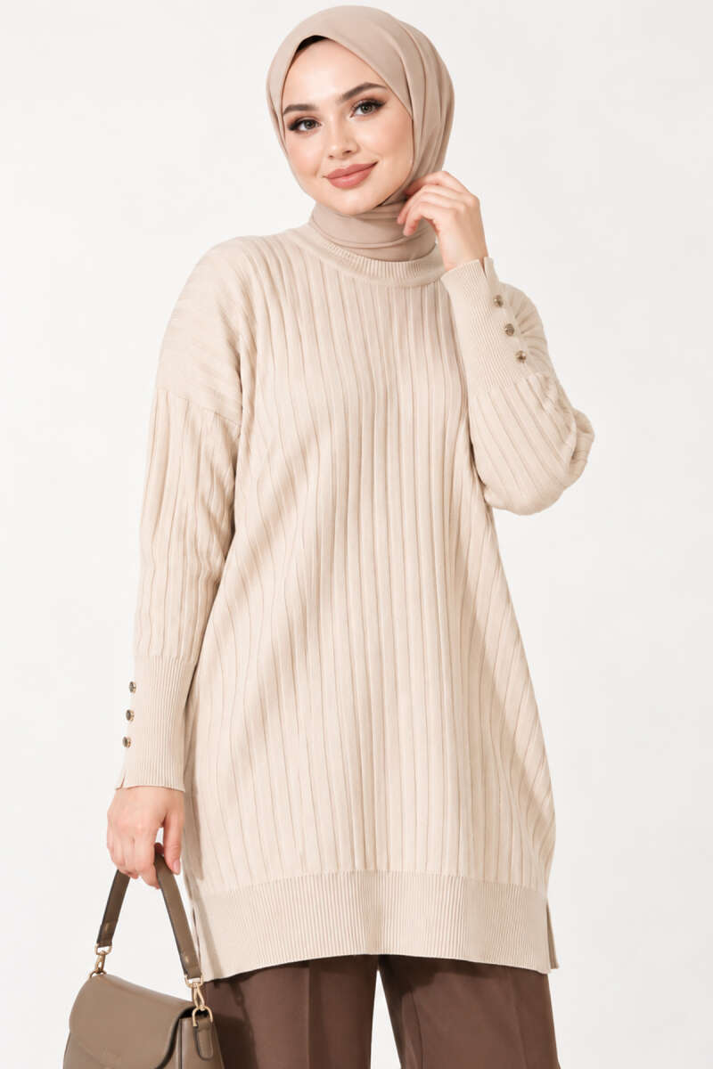 Ribbed Mercerised Tunic with Buttoned Cuffs - Beige
