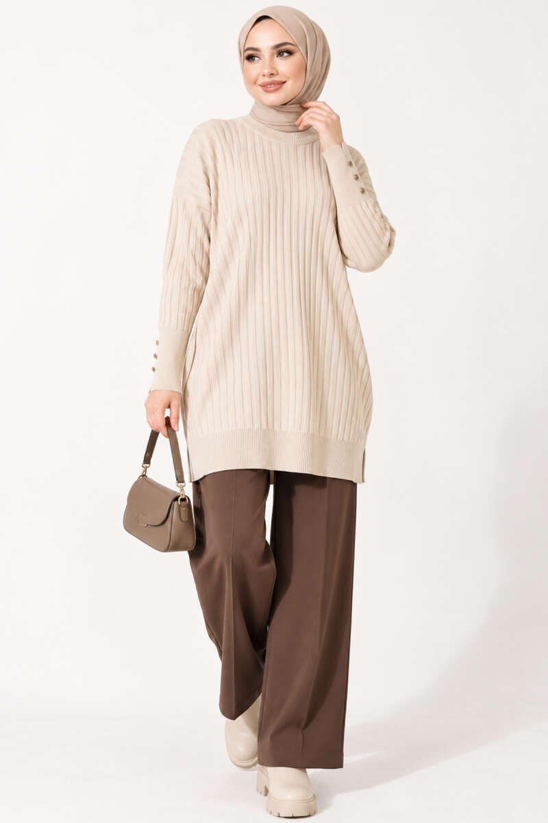 Ribbed Mercerised Tunic with Buttoned Cuffs - Beige
