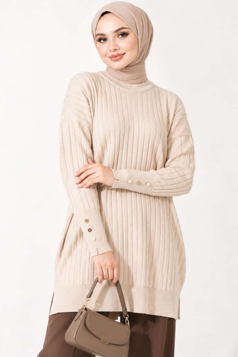 Ribbed Mercerised Tunic with Buttoned Cuffs - Beige