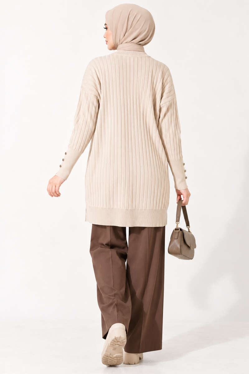 Ribbed Mercerised Tunic with Buttoned Cuffs - Beige