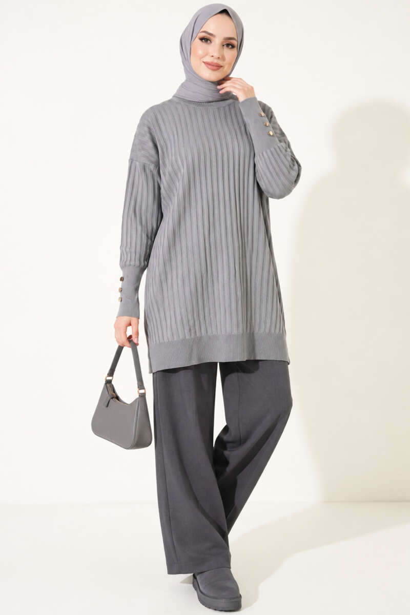 Ribbed Mercerised Tunic with Buttoned Cuffs - Grey