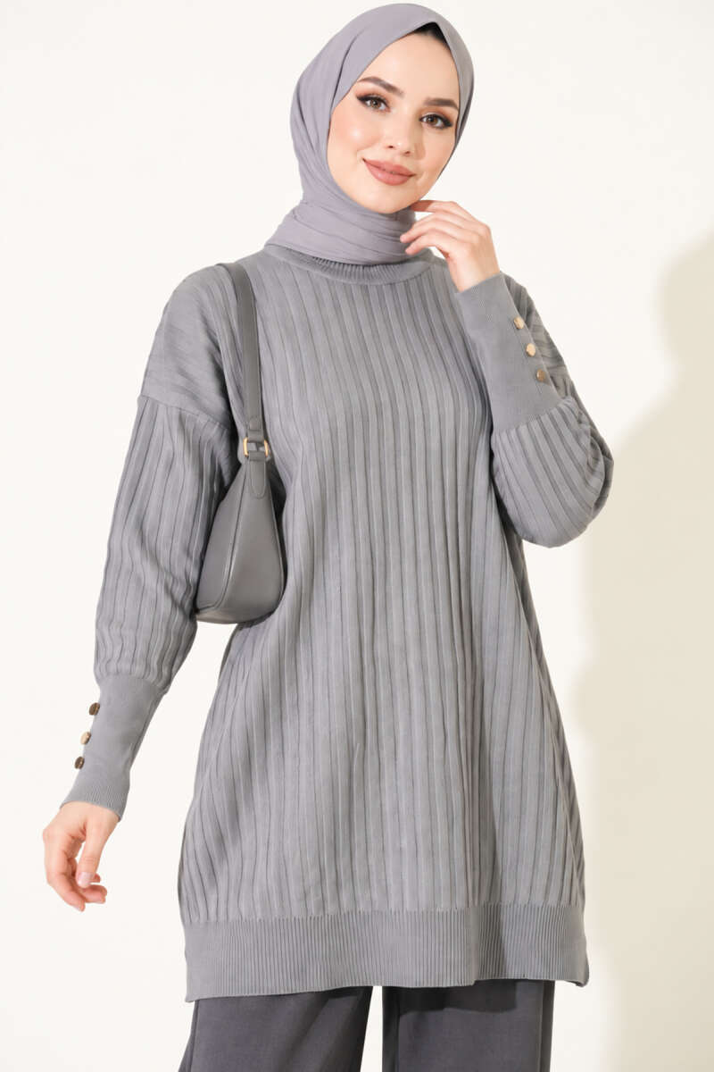 Ribbed Mercerised Tunic with Buttoned Cuffs - Grey