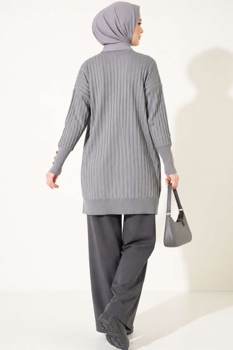 Ribbed Mercerised Tunic with Buttoned Cuffs - Grey
