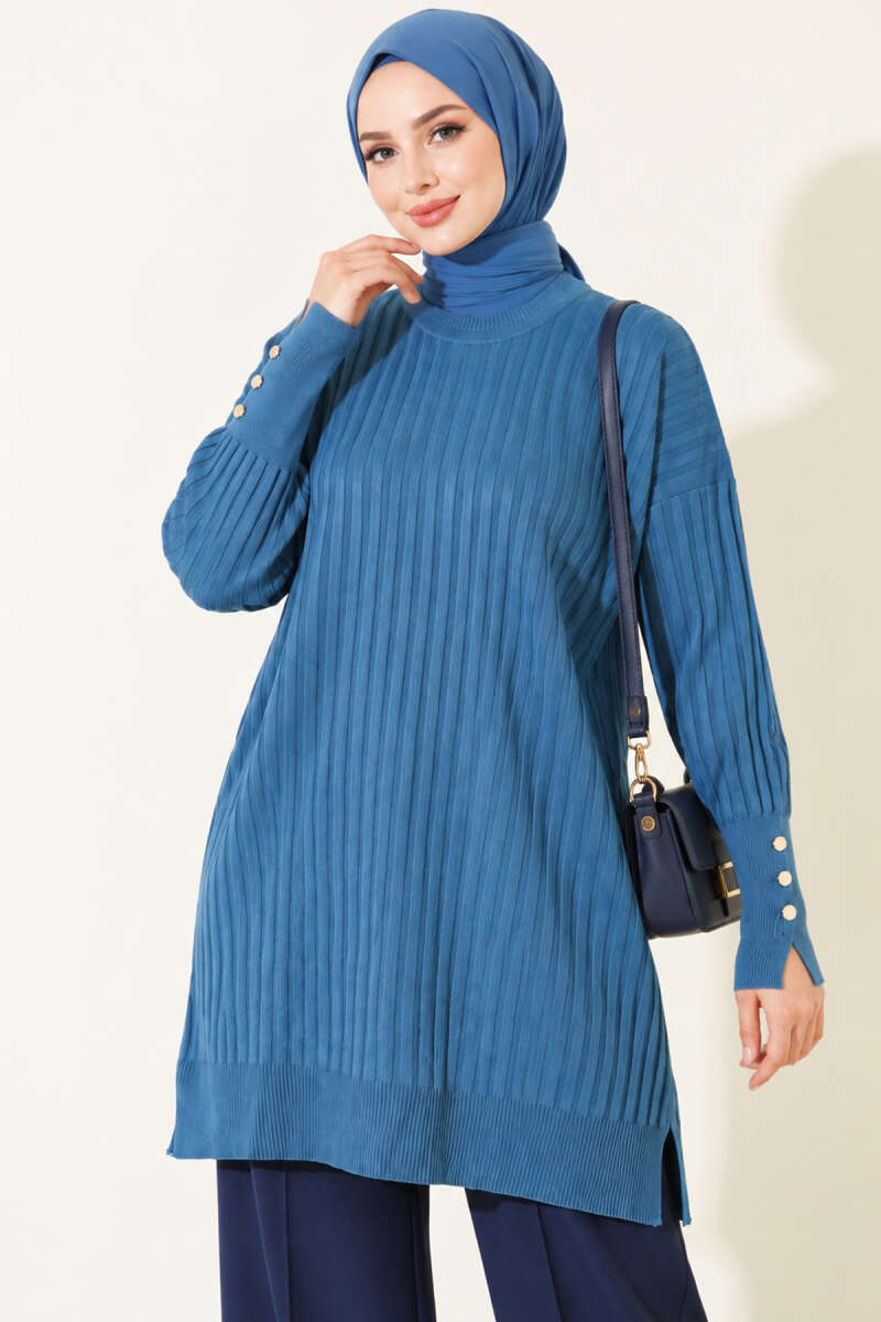 Ribbed Mercerised Tunic with Buttoned Cuffs - Indigo