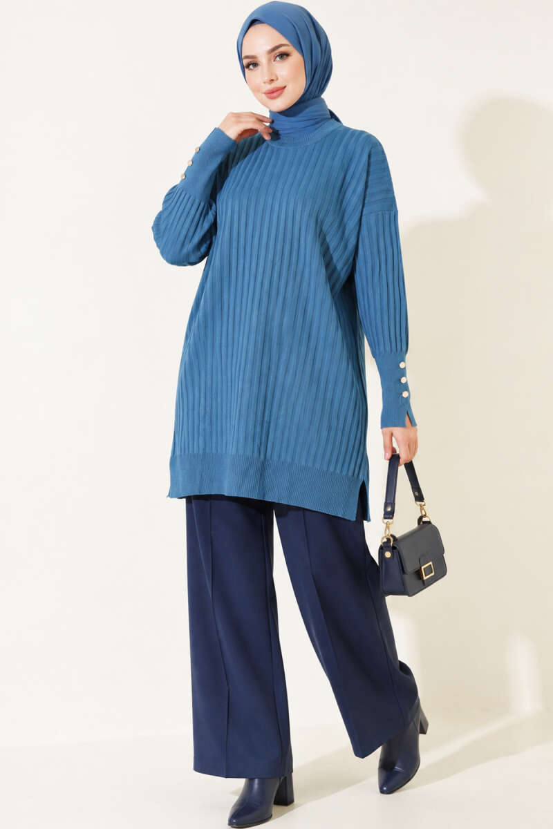 Ribbed Mercerised Tunic with Buttoned Cuffs - Indigo