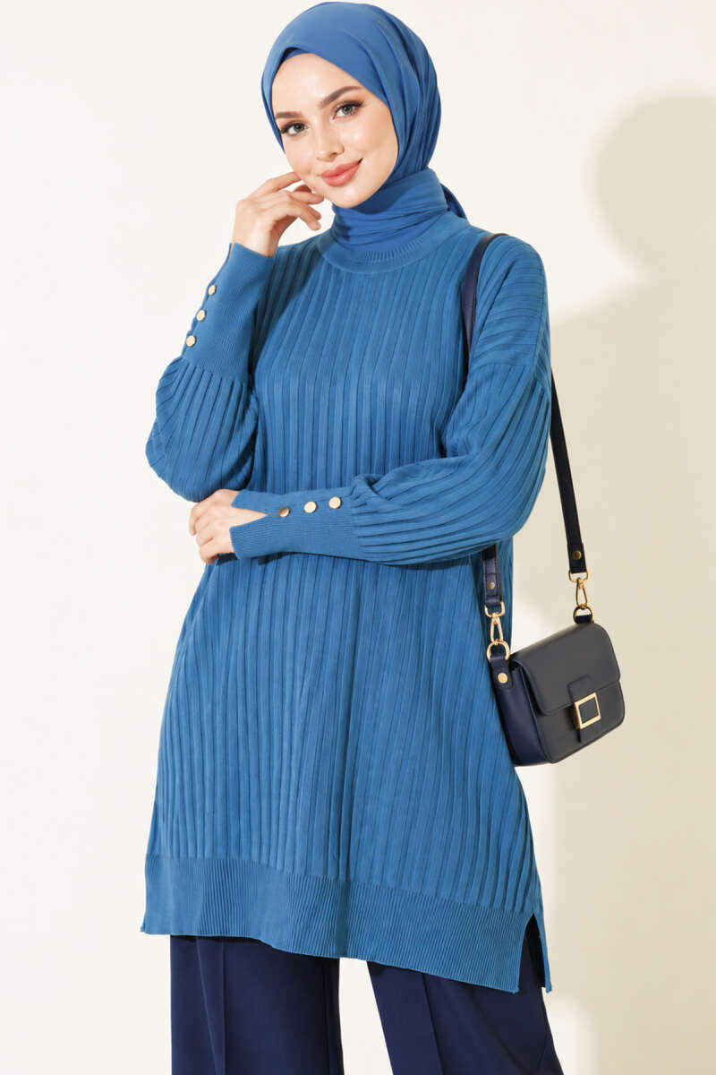 Ribbed Mercerised Tunic with Buttoned Cuffs - Indigo