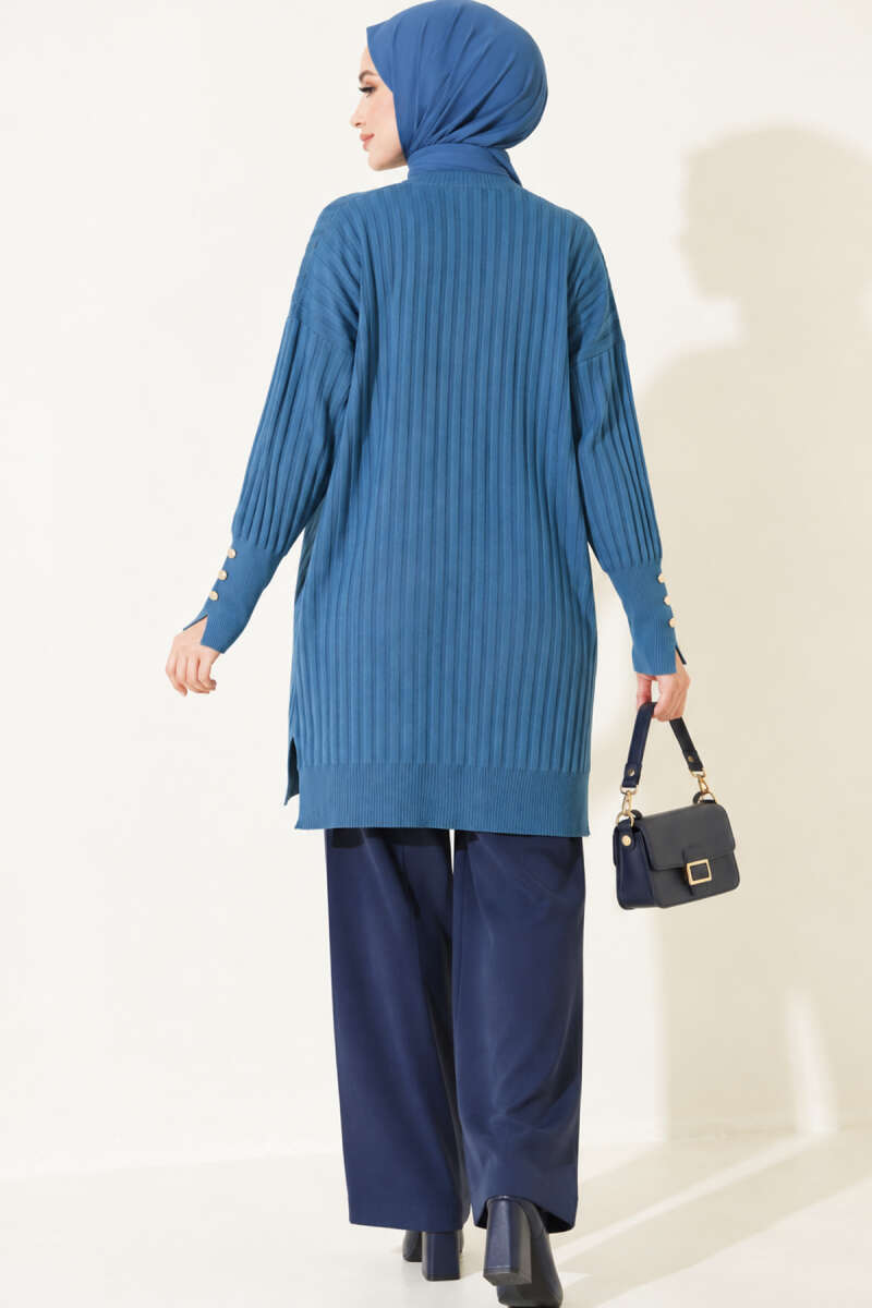 Ribbed Mercerised Tunic with Buttoned Cuffs - Indigo