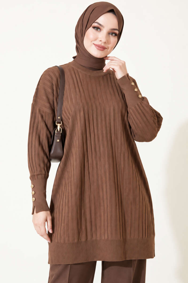 Ribbed Mercerised Tunic with Buttoned Cuffs - Brown