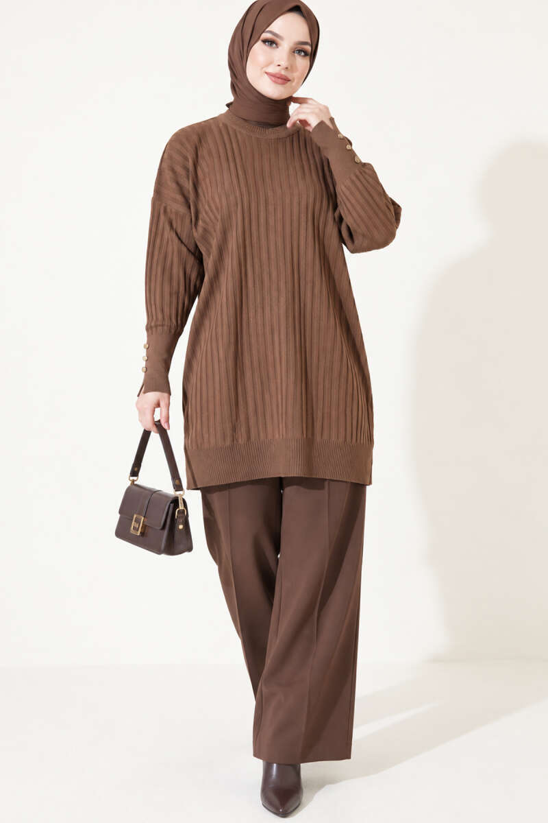 Ribbed Mercerised Tunic with Buttoned Cuffs - Brown