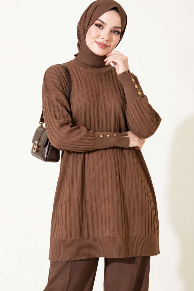 Ribbed Mercerised Tunic with Buttoned Cuffs - Brown
