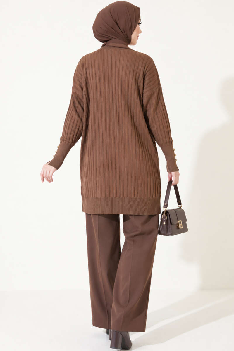 Ribbed Mercerised Tunic with Buttoned Cuffs - Brown