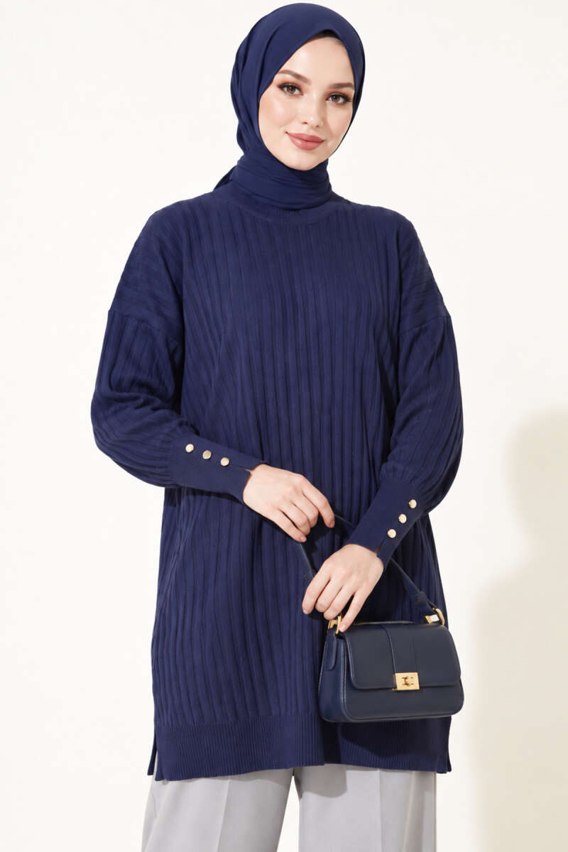 Ribbed Mercerised Tunic with Buttoned Cuffs - Navy