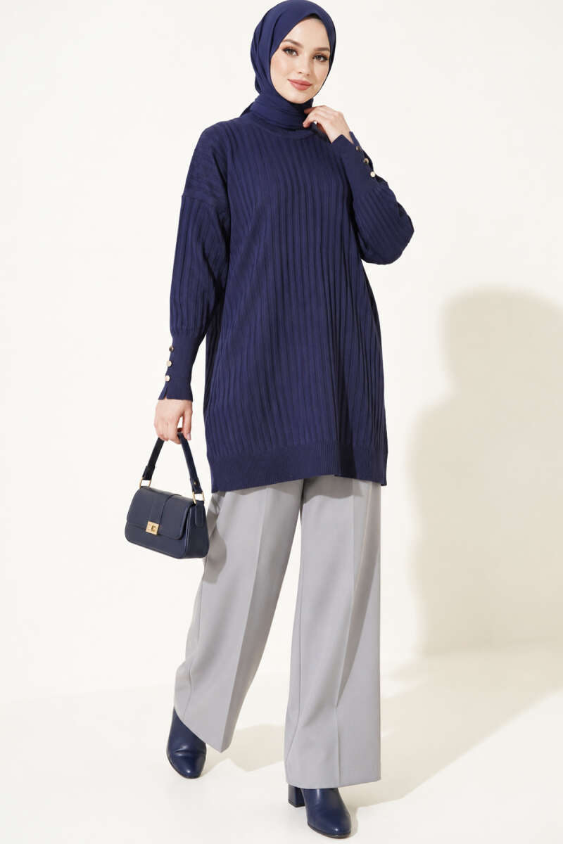 Ribbed Mercerised Tunic with Buttoned Cuffs - Navy